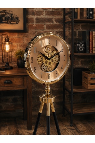 Gold Metal Ayaklı Dekoratif Salon Saati 110 Cm 40 Cm Çaplı Tripod Tasarımlı Retro Lüks Yer Saati