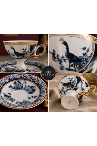 Premium Collection Ayaklı 6 Lı Türk Kahvesi Fincan Takımı Mavi Gold Desenli Kutulu Lüx Kahve Seti Çok Renkli
