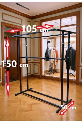 Premium 150 Cm Çelik Konfeksiyon En 105 Cm Elbise Askılık Tekerlekli Demonte Portmanto Hanger Siyah