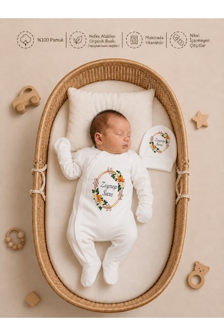 Pia Baby İsme Özel Yenidoğan Kız Bebek Hastane Çıkışı Battaniye Tulum Seti %100 Pamuk Ham Bez Kıyafet Kesesi Bebek Hediyesi 1118btkyx Ekru