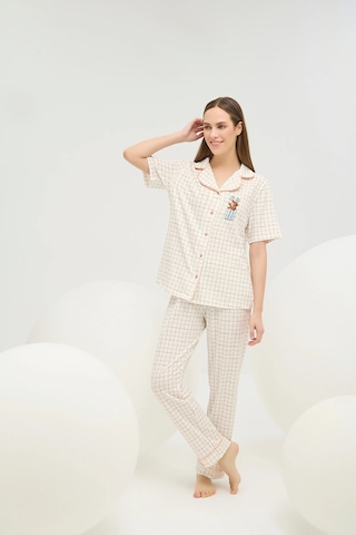 U.S. Polo Assn. 16608 Kadın Baskılı Düğmeli Pijama Takım Ekru