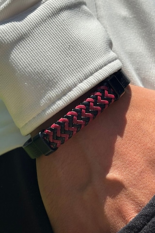 El İşçiliği İle Üretilmiş Hakiki Deri Erkek Bileklik Kırmızı - Siyah