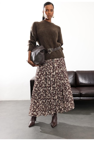 Kahverengi Kemer Detaylı Çiçekli Şifon Etek 0651 Kahverengi