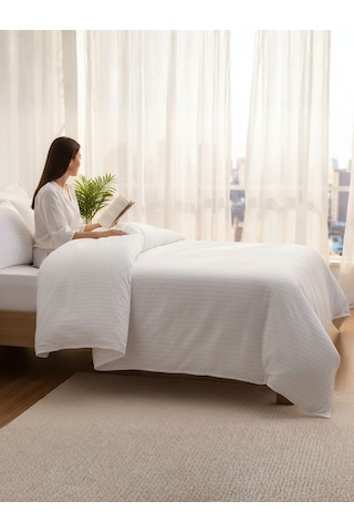 Tek Kişilik Çizgili Pamuk Saten Nevresim 160x230 Mix & Match Otel Serisi Beyaz