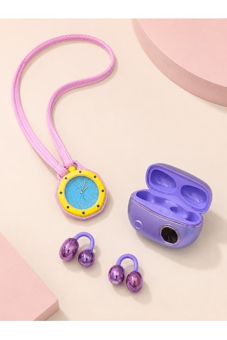 Şarj Kutulu Kablosuz Kulaklık Ve Pembe Çanta Charm Analog Saat Seti Müzik Ve Aksesuar Bir Arada Altın