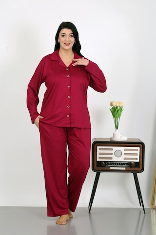 Akbeniz Kadın Büyük Beden Pamuklu Cepli Düğmeli Vişne Pijama Takım 202504 Vişne