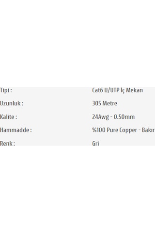 Pars Power 24 Awg 0.50 mm %100 Bakır 305 Metre Network Cat6 U/UTP