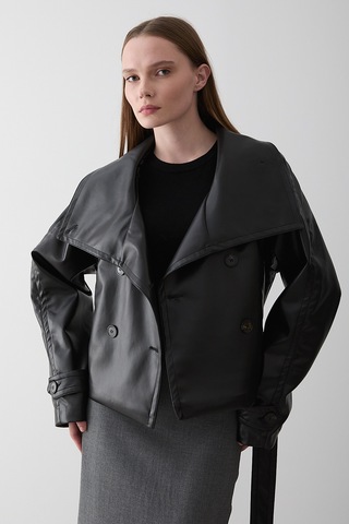 Siyah Düğmeli Kuşaklı Deri Ceket - 509261 Siyah
