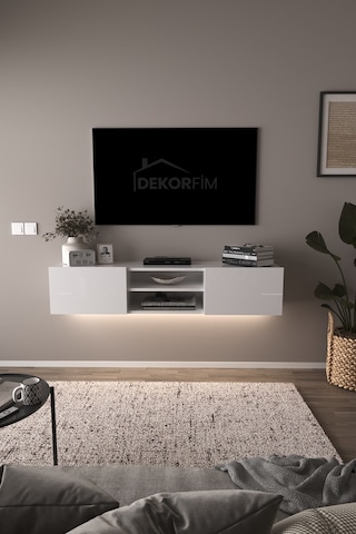 Df17102 Led Işıklı Duvara Monte Tv Ünitesi, 2 Kapaklı Dolaplı, Raflı 150 Cm Tv Alt Ünitesi Beyaz