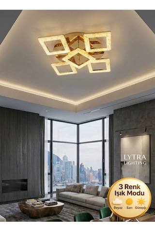 Yakamoz Model 5"li Gold 3 Renk Modu Kristal Salon Mutfak Yatak Çocuk Odası Avize Altın