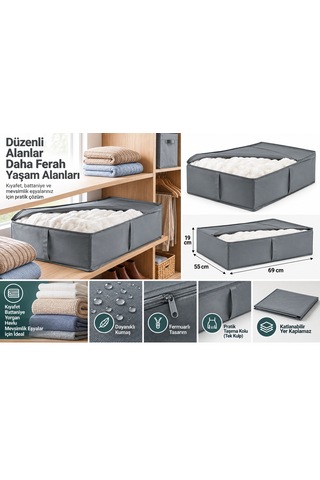 Gri Kumaş Saklama Hurcu 69x55x19 Cm Dolap İçi Düzenleyici Büyük Boy Kıyafet Ve Battaniye Organizer