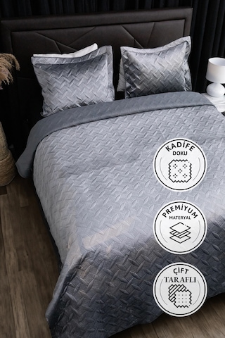 Queen Kadife Çift Kişilik Yatak Örtüsü - Antrasit