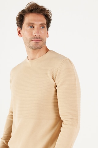AC&Co / Altınyıldız Classics Erkek Bej Anti-Pilling Özellikli Tüylenme Yapmayan Standart Fit Bisiklet Yaka Çizgi Dokulu Triko 4A4921100065KBJ3XL Bej