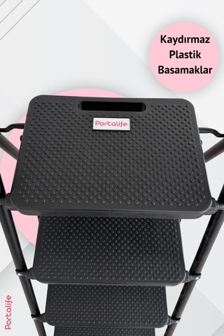 Portalife 4 Basamaklı Uzun Tutacaklı Şık Siyah Çelik Merdiven 150 Cm'ye Kadar