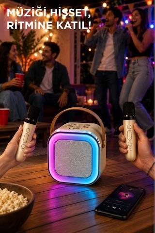 Bluetooth Hoparlör Rgb Işıklı Kablosuz Karaoke Ses Sistemi Çift Mikrofonlu Parti Speaker D94