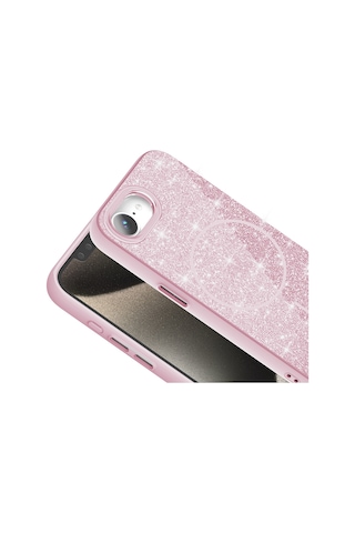Apple Uyumlu iPhone 16e Kılıf M-safe Şarj Özellikli Parlayan Simli Zore Okso Kapak Pembe