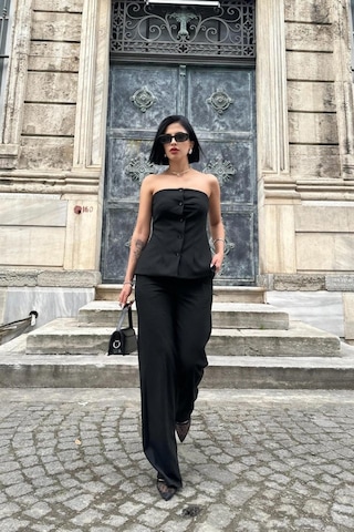 Modasize Siyah Straplez Düğmeli Crop Ve Pantolon Takım Siyah