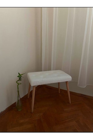 Gürgen Retro Ahşap Ayaklı Handmade Pofidik Puf Bench Koltuk Beyazdüğmeli