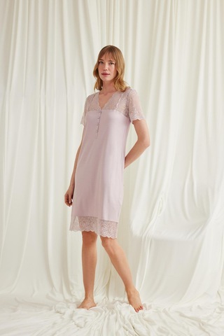 Monamise Kadın Yakası Kolu Omzu Ve Etek Ağzı Dantelli Önü Düğmeli Gecelik 18605-Vizon