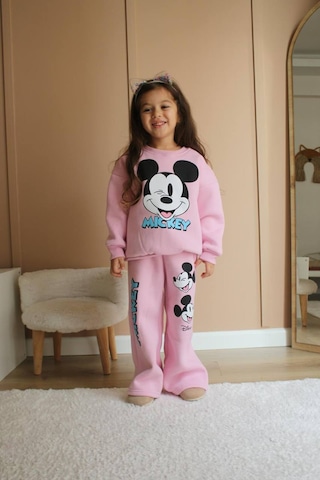 Kız Çocuk Pudra Pembe Renk Pamuklu 3 İplik Şardonlu Mickey Baskılı Alt Üst Takım Pembe