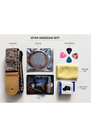 Valares Profesyonel Gitar Aksesuar Seti Tuner + Capo + Tel + Pena + Askı + Temizlik Bezi Full Set