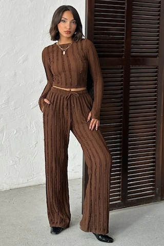 Trend Alisse Kahverengi Kışlık Premium Fitilli Parmak Geçmeli Crop Bluz Bol Paça Pantolon Takımı