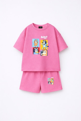 Fasardi Bluey Bingo Baskılı Oversize %100 Pamuk Tişört Şort Çocuk 2li Takım Pembe