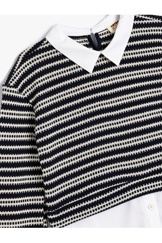 Koton Gömlek Detaylı Sweatshirt Çift Kumaş Detaylı Lacivert Çizgili 5wkg10350ak 7s2