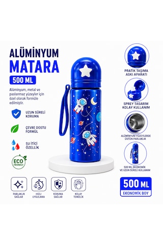 Alüminyum Matara 500 Ml Çocuk Su Matarası Pipetli Sızdırmaz Dayanıklı Taşıma İpli Açık Lacivert