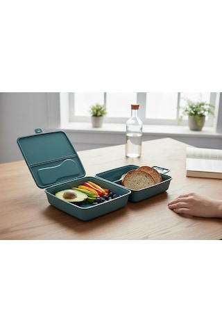 Bölmeli Sağlıklı Saklama Ve Yemek Kabı - Bpa Sız Sağlıklı - Kilit Kapak - Taşınabilir Lunchbox- Su Yeşili Çok Renkli