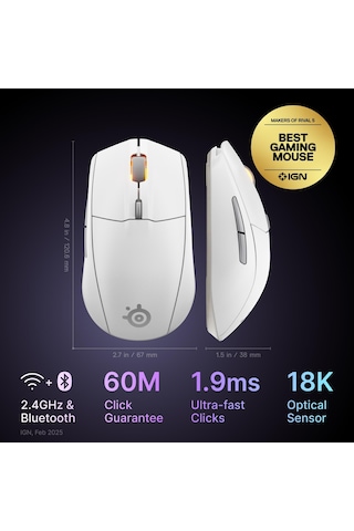 Steelseries Rival 3 Wireless Gen 2 Gaming Mouse - 2.4ghz Ve Bluetooth Bağlantı - Beyaz Rival 3