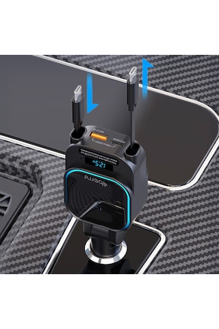 Sc07 96w Araç Şarj Cihazı Pd3.0 & Qc3.0 Hızlı Şarj, Çift Toplanabilir Kablo, Led Ekran