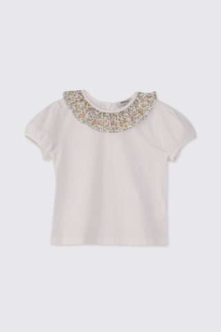 Made With Liberty Fabric Liberty Kumaş Yakası Fırfır Detaylı Kız Çocuk Tişört Krem