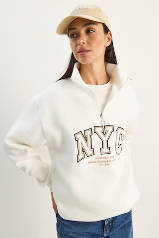 Shade Kadın Nyc Nakış İşlemeli Yakası Fermuarlı Üç İplik Şardonlu Oversize Sweatshirt 60283767 - Beyaz
