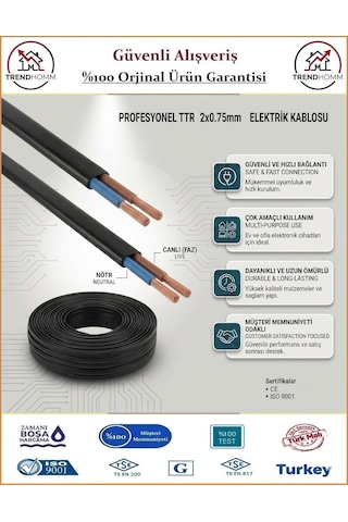 Trendhomm 2x0,75 Ttr Balık Sırtı Yassı Kablo - %100 Bakır - 50 Metre