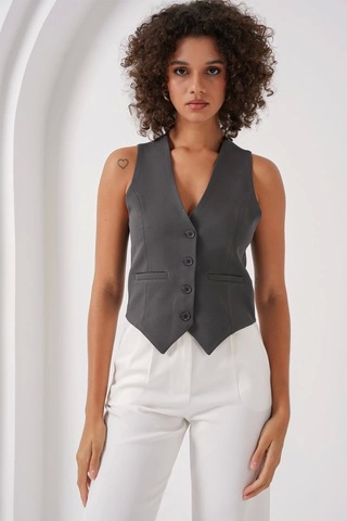Defymoda 6796 Kısa Dokuma Yelek - Füme Füme