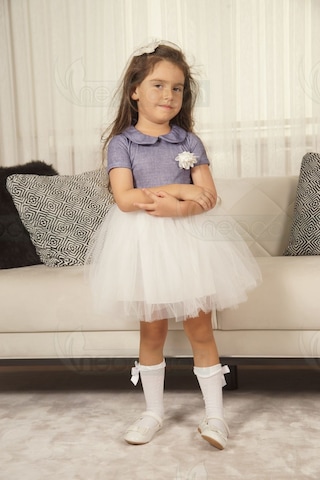 Tütü Etekli Bebe Yaka Modelli Özel Gün Ve Geceler İçin Kız Çocuk Tüllü Elbise Laci-beyaz Lacivert - Beyaz