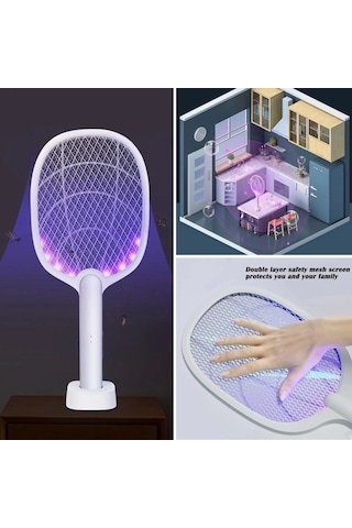 Bfs Şarjlı Sinek Öldürücü Masaüstü Standlı,mor Işık Sinek Kovucu Raket 5w