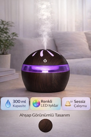 Exenar - Koyu Kahverengi - Ahşap Tasarımlı Aroma Koku Difüzörü Mini Hava Nemlendirici Buhar Makinesi 300ml Led Işık Buhurdanlık Dekoratif k Koyu Kahverengi