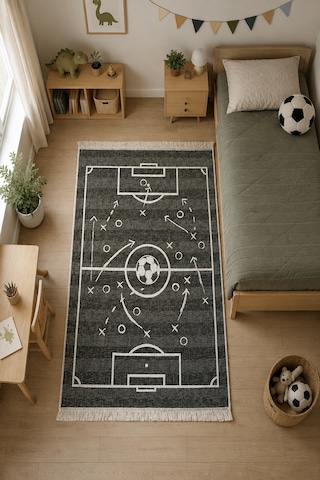 Lorvian Noletti Çocuk Odası Kilimi Pamuklu Futbol Sahası Desenli Makinede Yıkanabilir Uygun Kilim Evm26829a Renkli