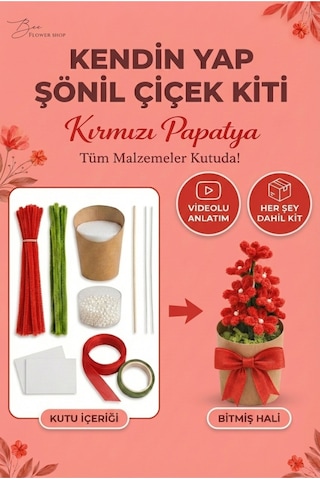 Kırmızı Şönil Papatya Yapım Kiti Şönil Hobi Seti - Sevgiliye Hediye,romantik Kendin Yap Seti Dıy