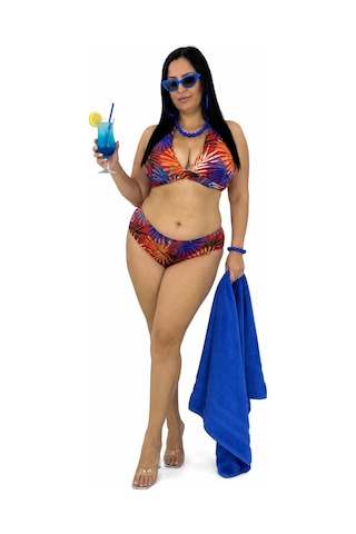 Büyük Beden Bağlamalı Üçgen Desenli Sabit Kap Boyundan Bağlamalı Kadın Bikini Takımı