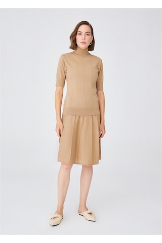 Peraluna Balıkçı Yaka Kısa Kollu Basic Kadın Triko Bluz Camel-Camel