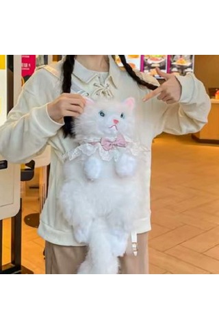 Mumicemum Kedi Sırt Çantası Büyük Boy Beyaz Peluş Fermuarlı Çocuk Sırt Çantası