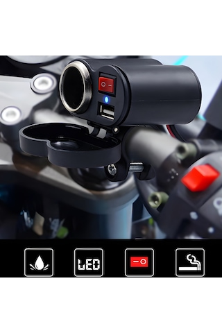 Motosiklet Gidon Tipi Su Geçirmez Usb Şarj Soketi Ve Çakmaklık - Led Göstergeli & Açma/kapama Anahtarlı