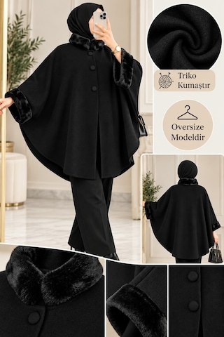 Genel Markalar Novea Scarf Siyah Şık Model Kürklü Triko Panço Siyah - 939489263 Siyah