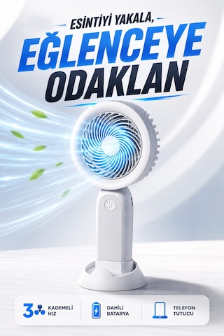Şarjlı Taşınabilir Mini El Fanı 3 Kademeli Hız Ayarlı Telefon Standlı Vantilatör Gri