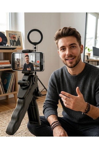 Katlanabilir Telefon Standı Mini Tripod Masaüstü Video Çekim Tutucu Siyah