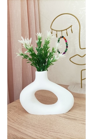 Mini Beton Saksı - Yapay Çiçekli - Beyaz