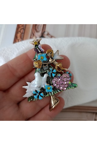 Lente Aksesuar Beyaz Güvercin,pembe Kalpli Yeni Yıl Ağaç Broşu-süslü Noel Yaka İğnesi Çok Renkli